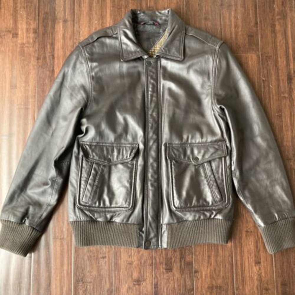 Men's Plaid Lined Brown Leather Aviator Bomber Jacket